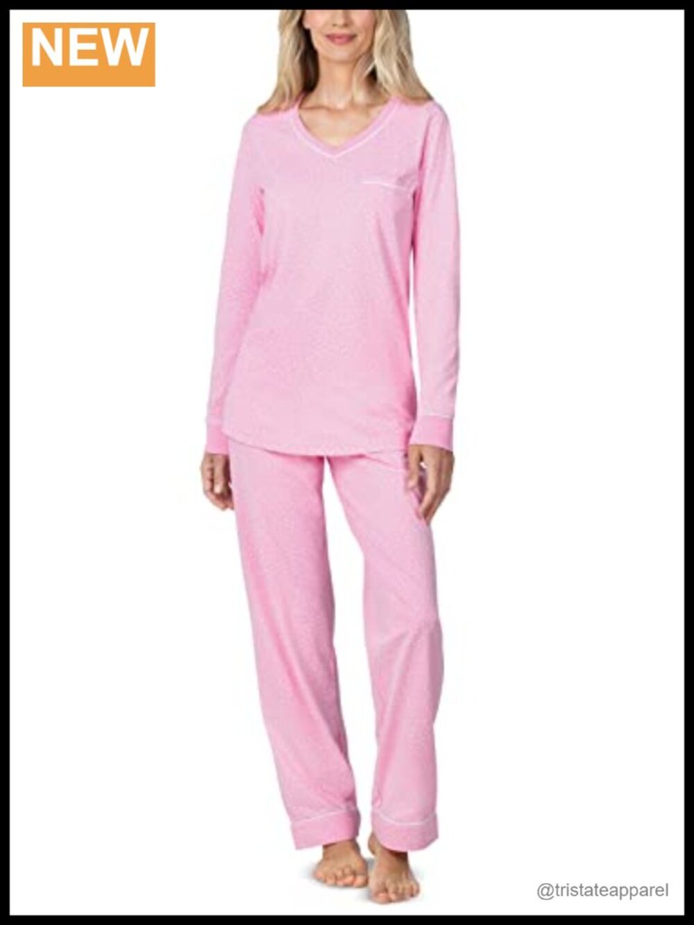 Womens Cotton Pajama Set Long Sleeve V-Neck Top & Drawstring Pants